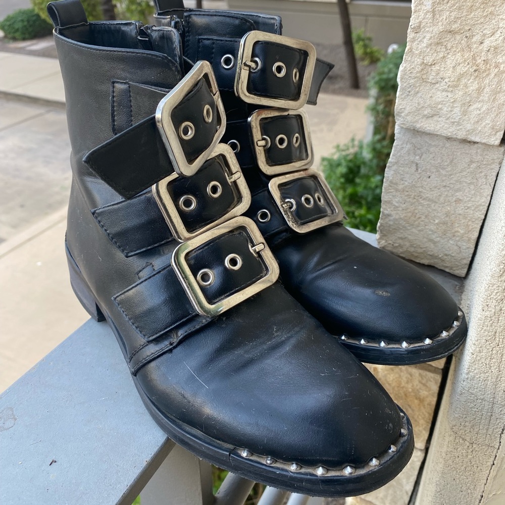 Buckle Leather Combat Boots, black&silver, size 8